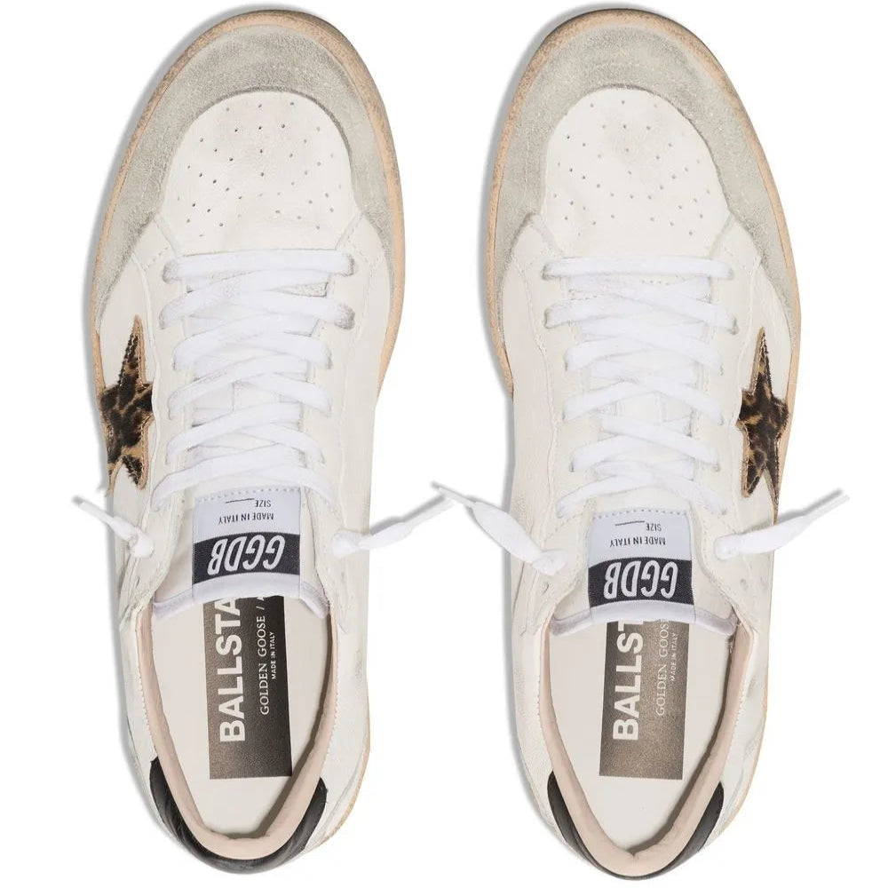 Golden Goose Ball Star trainers with leopard print pony skin star and black heels tab