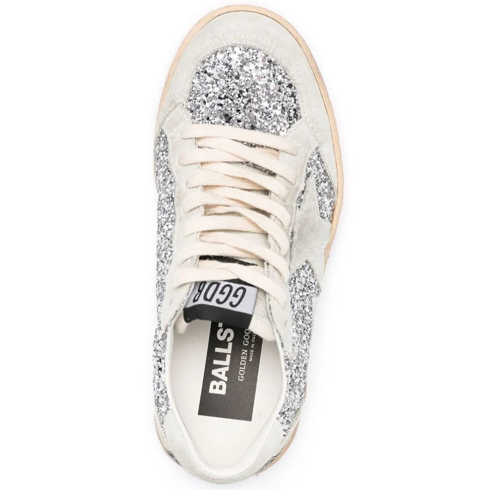Golden Goose Ball Star trainers in silver glitter with ice-gray suede inserts