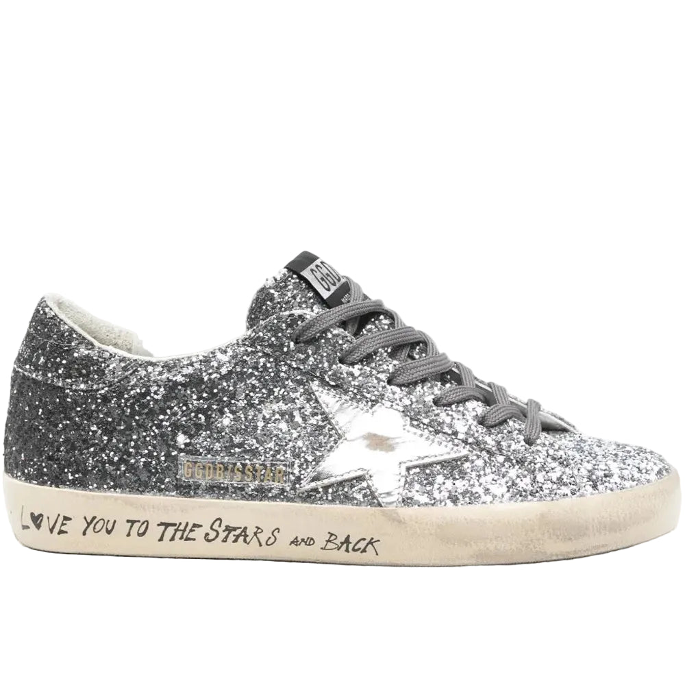 Golden Goose Super Star trainers with glitter upper and silver metallic leather star