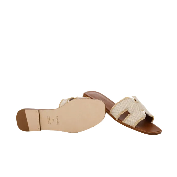 HERMES Oran Sandal Beige in Fringed Linen Canvas